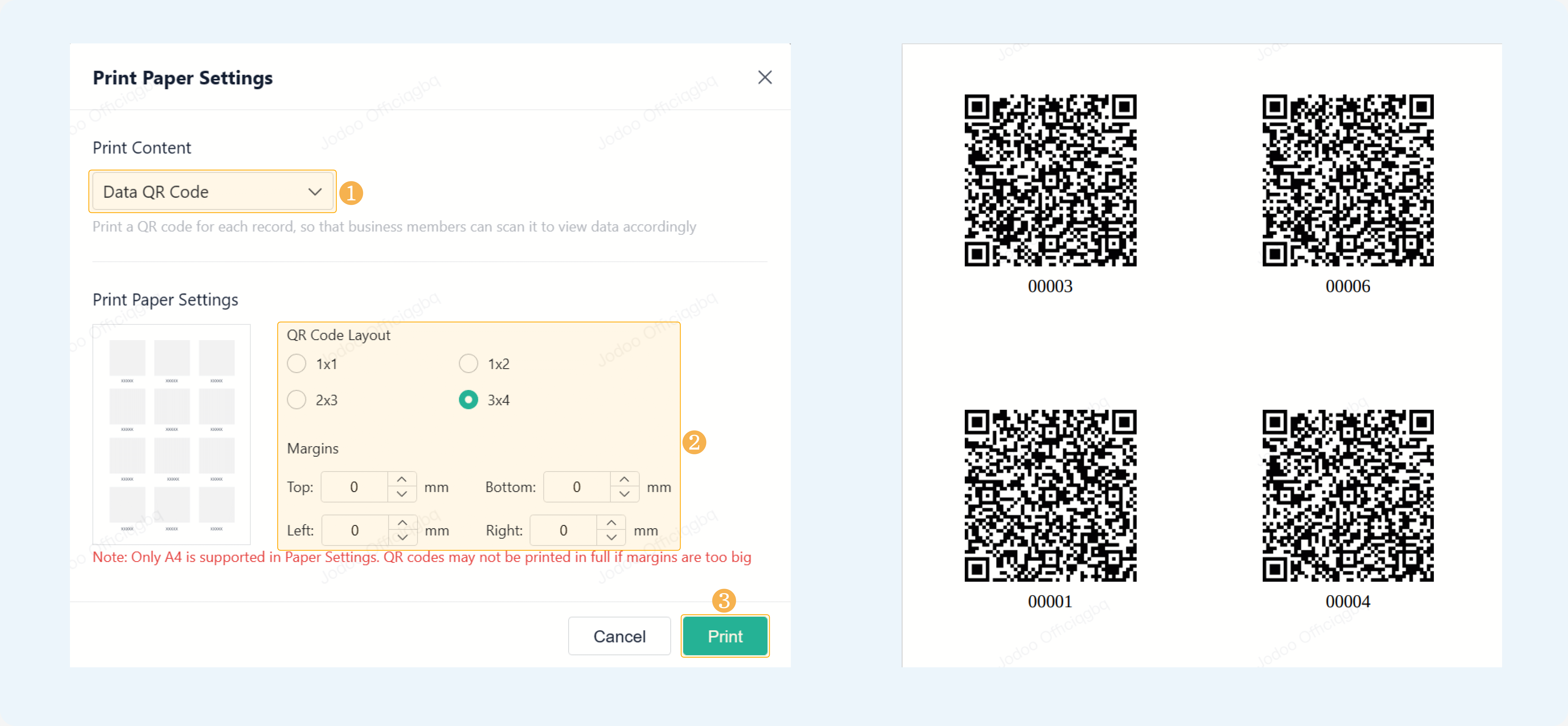 Print paper settings and print view.