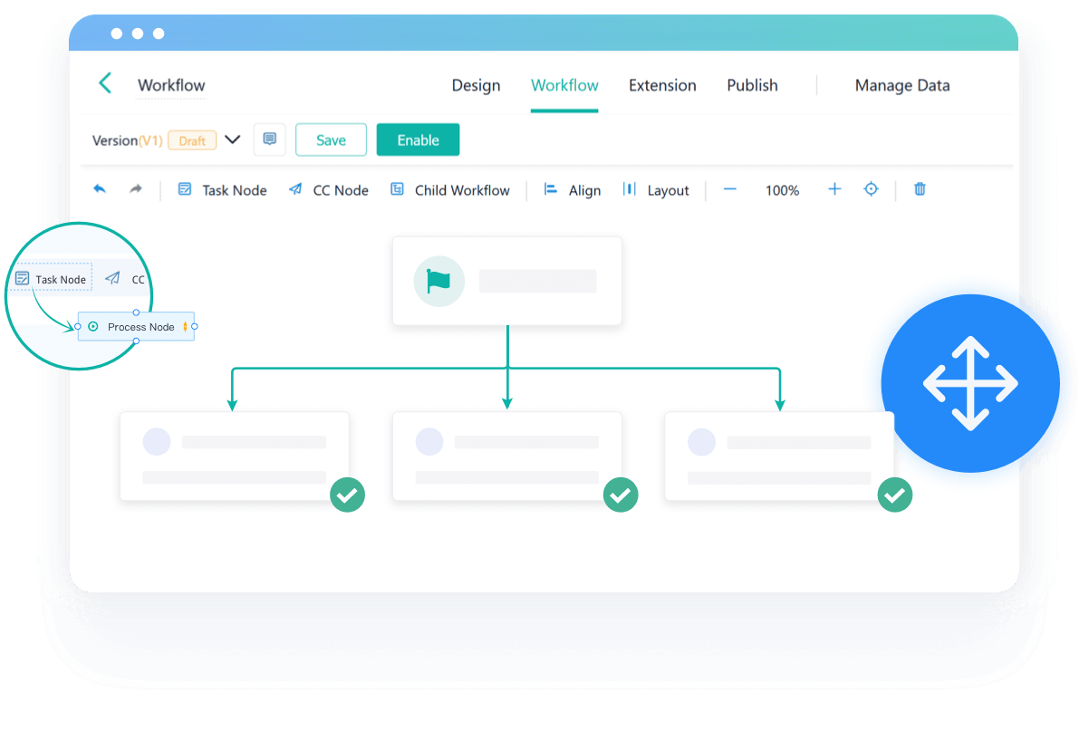 Drag-and-drop (no-code) workflow illustration.